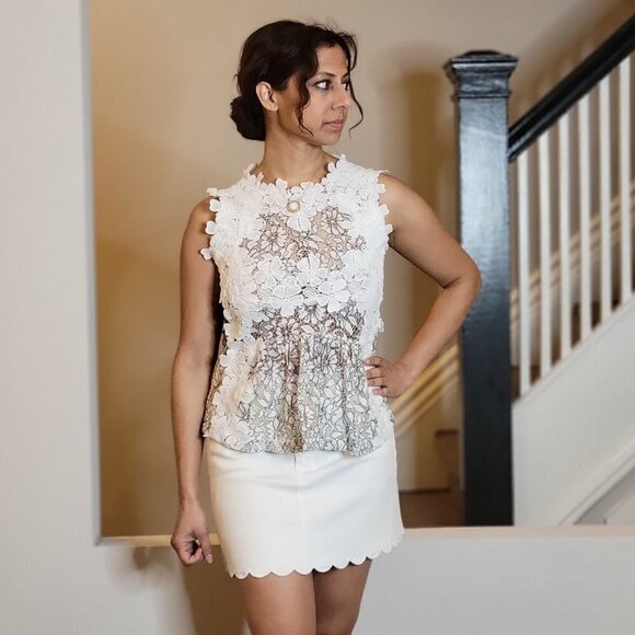 Alice + Olivia Neutral White Mini Jean Skirt Scalloped Hem Girlhood Core XS - Picture 2 of 10